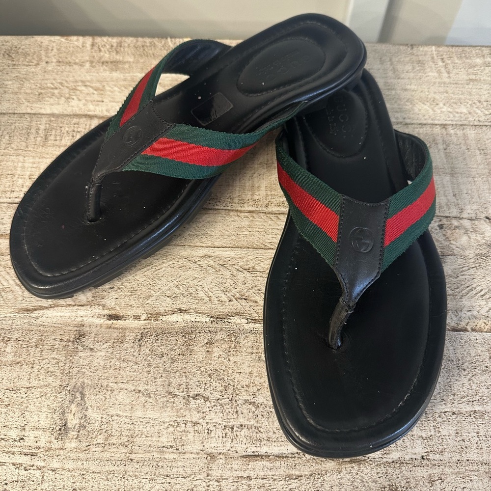 Gucci Black Flip Flops with Green and Red Straps